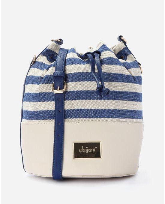 Dejavu Striped Jute Bucket Bag - Blue & Beige