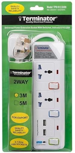 2 Way Power Extension Socket With 2 Usb Port White 3Meter 20X15X25
