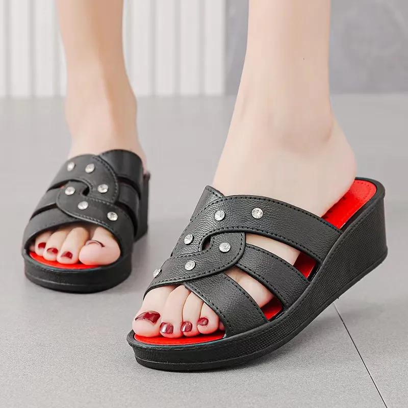 Women's High Heel Slippers Summer Wear Thick Bottom Fashion Home Non-Slip Mother Shoes Soft Bottom Social Wedge Women Sandals