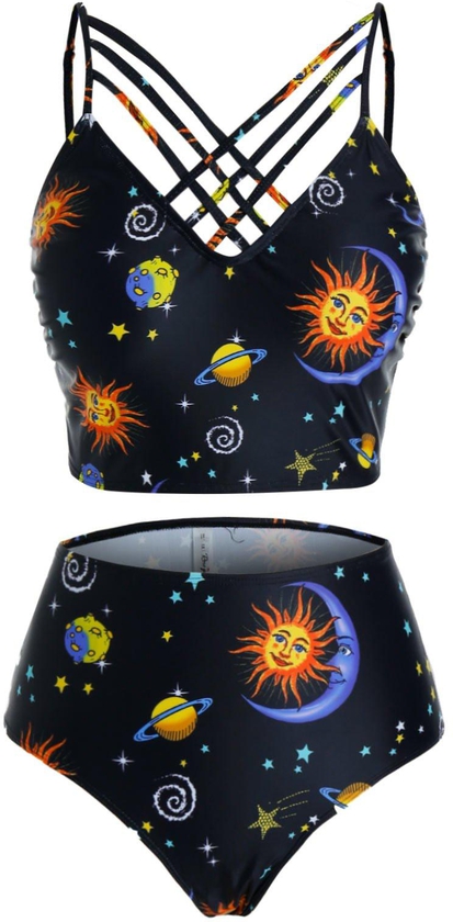 Plus Size Moon and Sun Planet Print Straps High Rise Tankini Swimwear - 5x