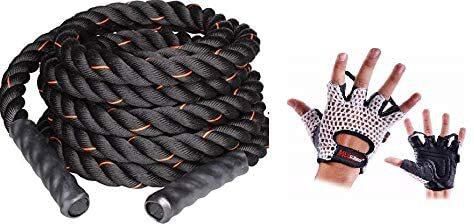 Max Strength Battle Rope Training Rope Pro 9mtrs.X 38mm With Cotton Mesh Backs Weight Lifting Gloves Genuine Leather S/M