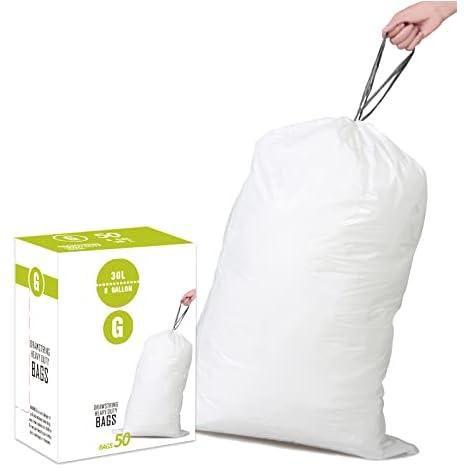 Simplelisa Code G (50 Count) 8 Gallon Heavy Duty Drawstring Plastic Trash Bags Compatible with simplehuman Code G | 1.2 Mil | White Garbage Can Liners 8 Gallon/30 Liter