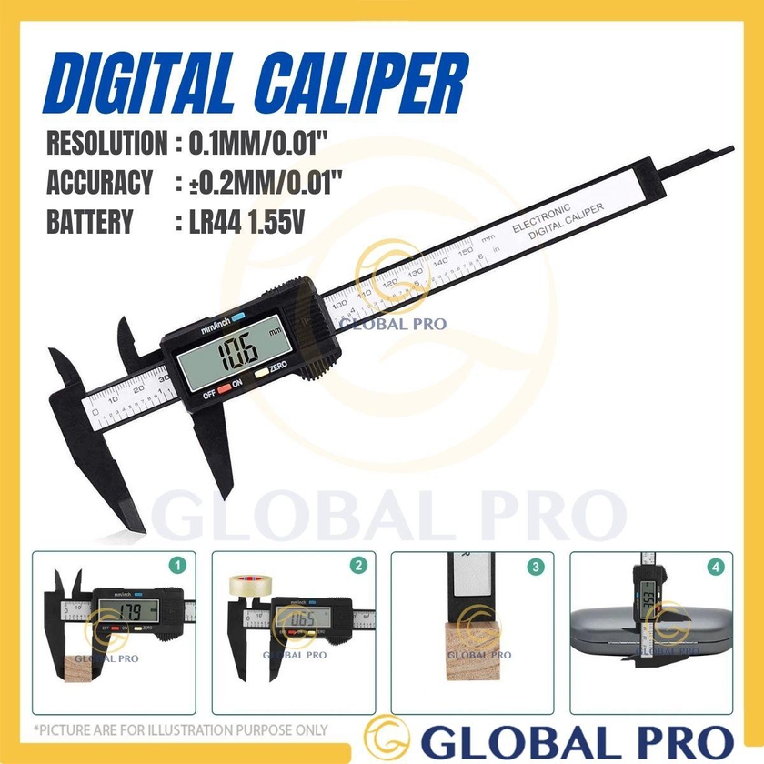 150mm 6" Electronic Caliper Carbon Fiber Dial Vernier Caliper Gauge Measuring Tool Digital Ruler