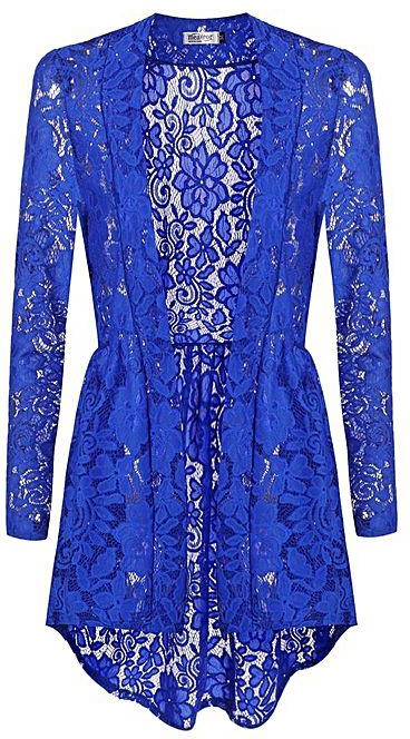 Sunshine Women Long Sleeve Sheer Lace Crochet Open Front Cardigan Tops-Royal Blue