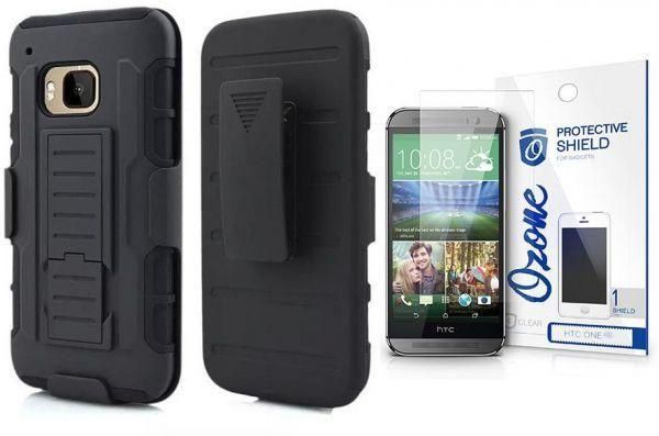 Ozone Heavy Duty Silicone PC Hybrid Case with Ozone Screen Protector for HTC One M9 - Black