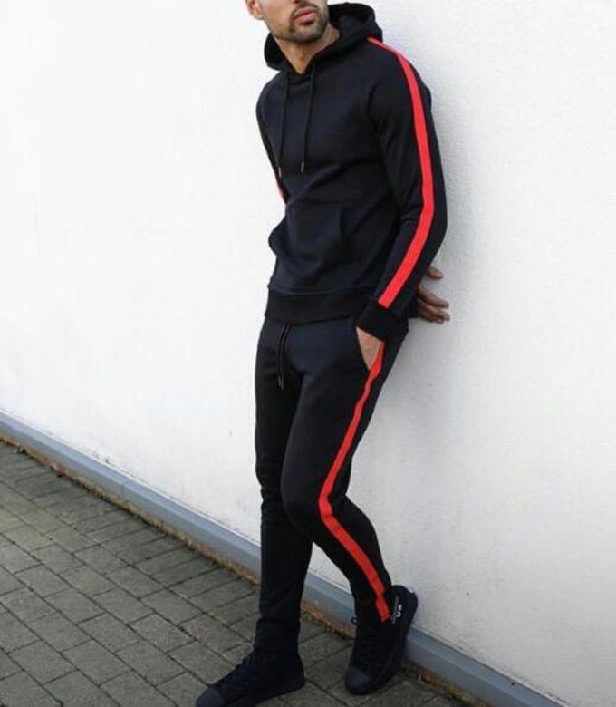 Black Hoodie And Joggers With Red Stripes