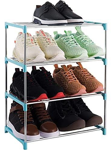 Shoe Rack Free Standing Shoe Rack Simple Stainless Steel Shoe Rack Stackable and Adjustable Shoe Storage Organizer,Suit for Entryways, Hallways and Closets (4-Tier, Blue)