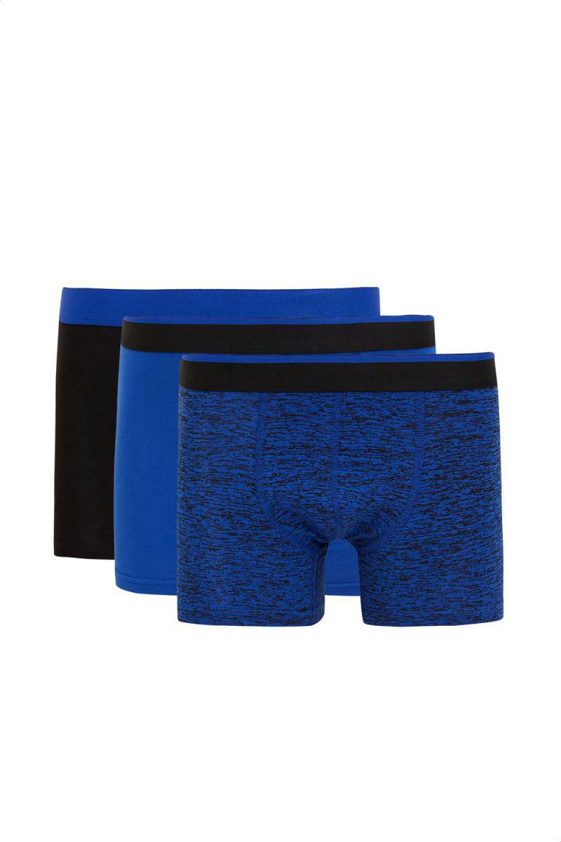 Defacto Plain Contrast Elastic Waist Boxer Set for Men, 3 Pieces - Blue and Black, M