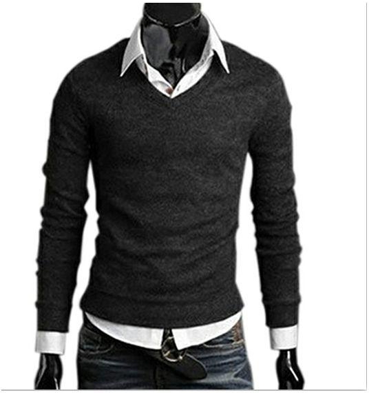 Bluelans Men's Slim Fit Long Sleeve Knitted Sweater V-neck Top Pullover Knitwear Sweatshirt-Dark Grey