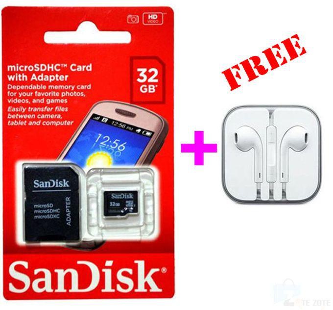 Sandisk 32GB Memory Card - Black + Get One FREE Earphones