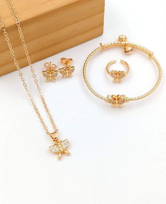 Jewelry Kids Set Necklaces, Bracelet, Earring And Ring Gold Plated