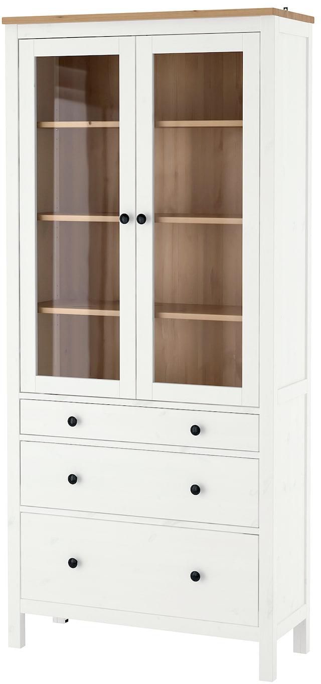 HEMNES Glass-door cabinet with 3 drawers - white stain/light brown 90x197 cm