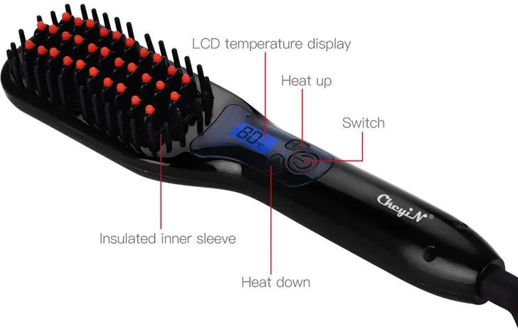 Professional Hair Straightener Brush Comb Adjustable Temperature Ceramic Straightening Iron