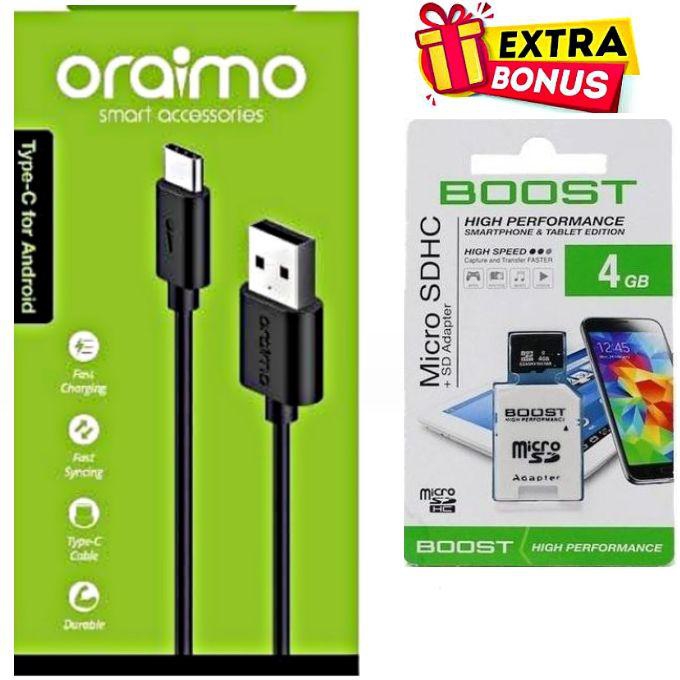Oraimo Fast USB Cable Type C Compatible for All Android Type C Phones + GIFT Memory Card 4GB