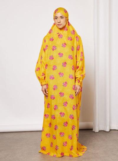 Floral Printed Slip On One Piece Prayer Dress With Attached Hijab