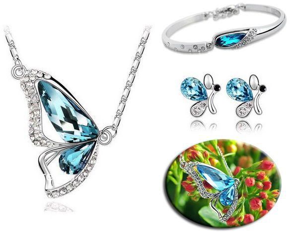 Korean Fashion 18K White Gold Plated Butterfly Necklace, Earrings and Bracelet Set [KMP066]
