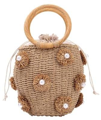 Straw Beach Bag for Women Summer Drawstring Woven Tote Bag Flower Pearls Bucket Handbags