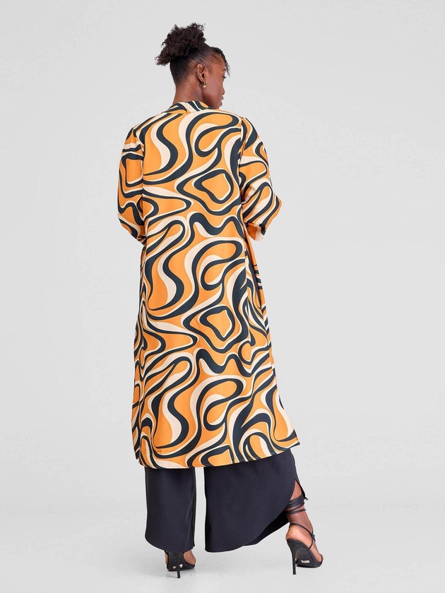 Vivo Situ Side Slit Midi Kimono - Mustard/Black Manda Print
