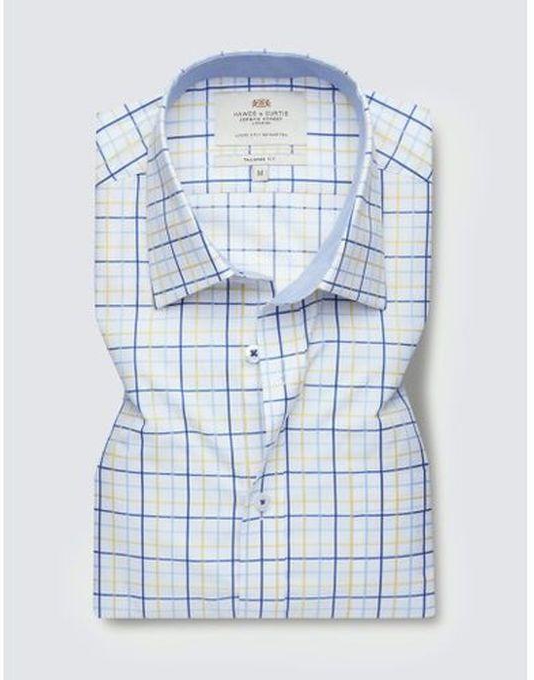 Hawes & Curtis Easy Iron Blue & Yellow Multi Check Slim Fit Short Sleeve Shirt