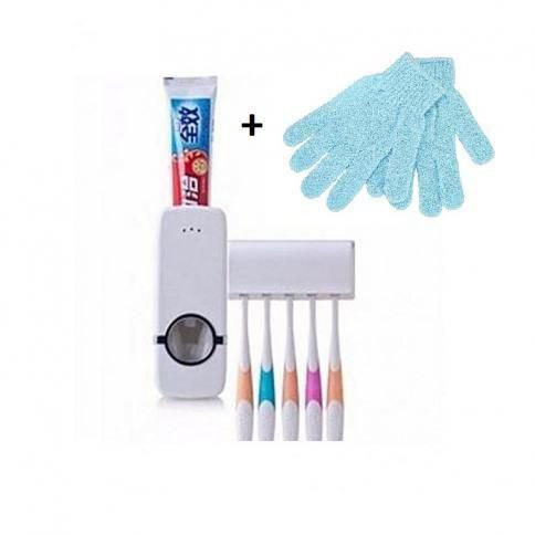 Toothpaste Dispenser & Tooth Brush Holder + Free Pair Of Bath Sponge- Any Colour