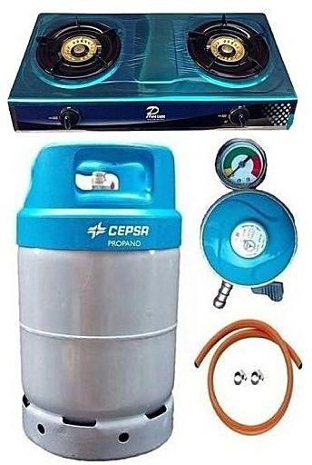 CEPSA 12.5kg Gas Cylinder -Blue Cap + Universal Gas Cooker, Metered Regulator, Hose & Clips