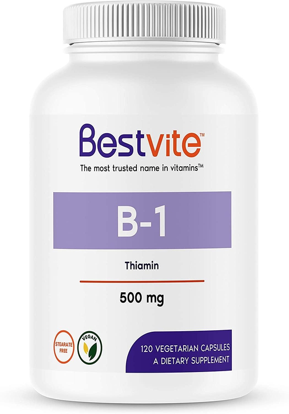 Vitamin B-1 (Thiamin) 500mg (120 Vegetarian Capsules) - No Stearates - Vegan - No Calcium Carbonate - Non GMO - Gluten Free - No Silicon Dioxide