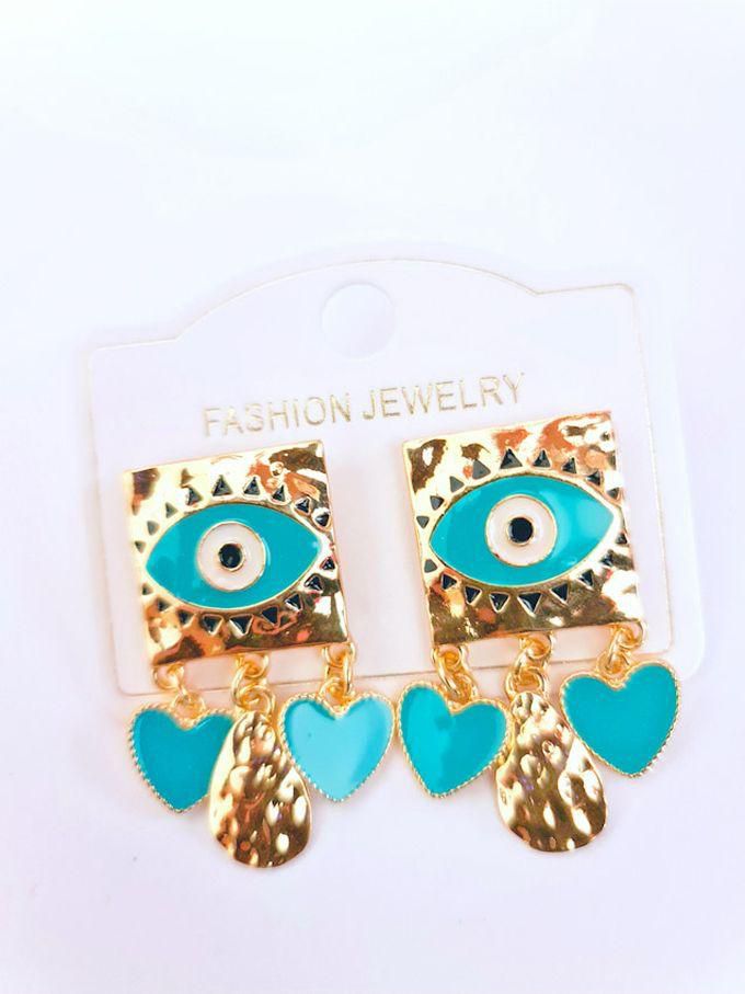 Evil Eye Geometric Golden Dropped Hearts Earring - Turquoise