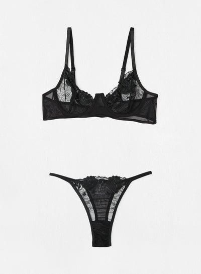 Floral Lace Bralette And Thong Set Black