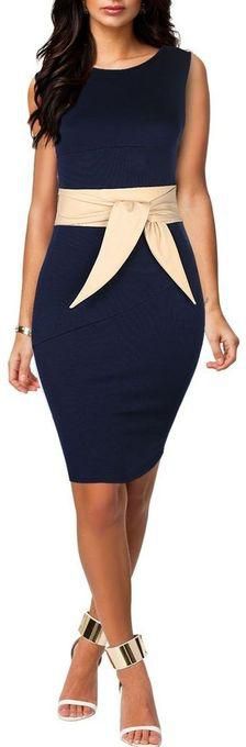 Generic Summer Women Sleeveless Slim Elegant Dress Print Pencil Dress Package Hip Dress Belt-deep Blue