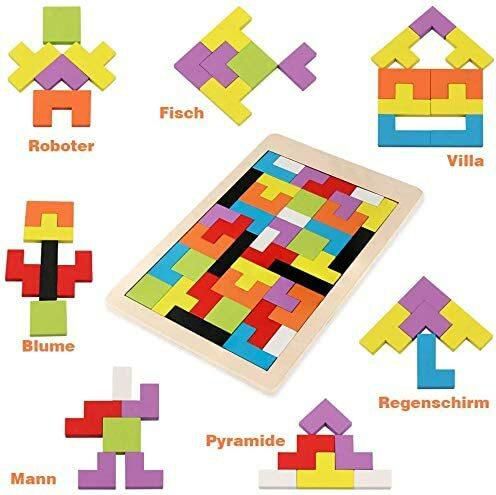 Mumoo Bear Wooden Tetris Puzzle Brain Teasers Toy Tangram Jigsaw Intelligence Colorful 3D Russian Blocks Game