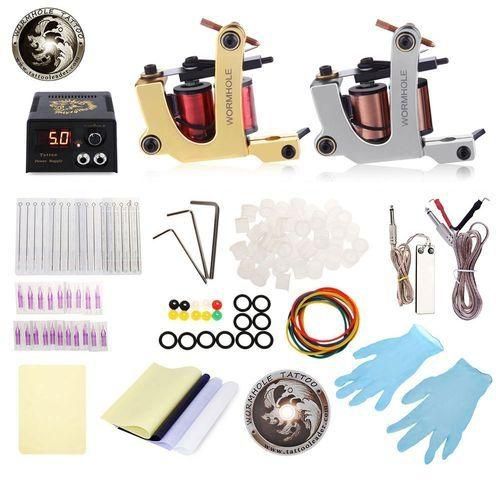 Generic TATTOO Complete Kit 2 Machines Power Supply Accessories UK Plug - Silver And Golden