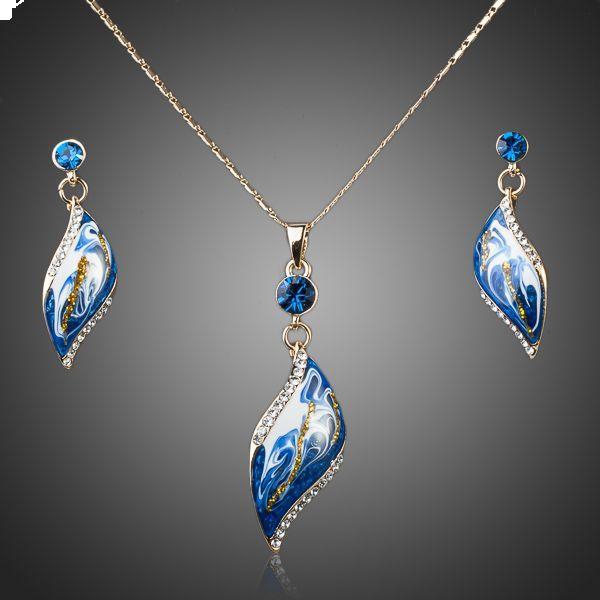18K Gold Plated BLue Oil painting pattern drop earrings and necklace jewelry set