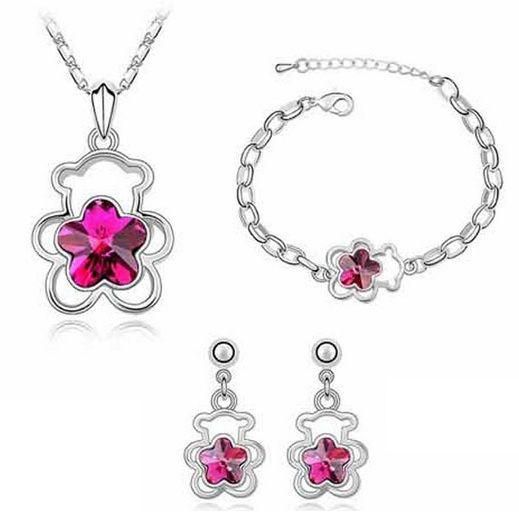 (MM195) Hollow Bear Flower Crystal Jewelry Set