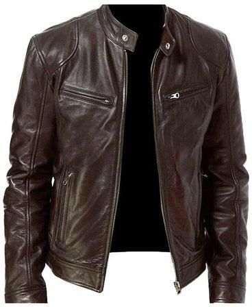 Autumn Winter Men Stand Collar Zipper Faux Leather Motorcycle Jacket Brown