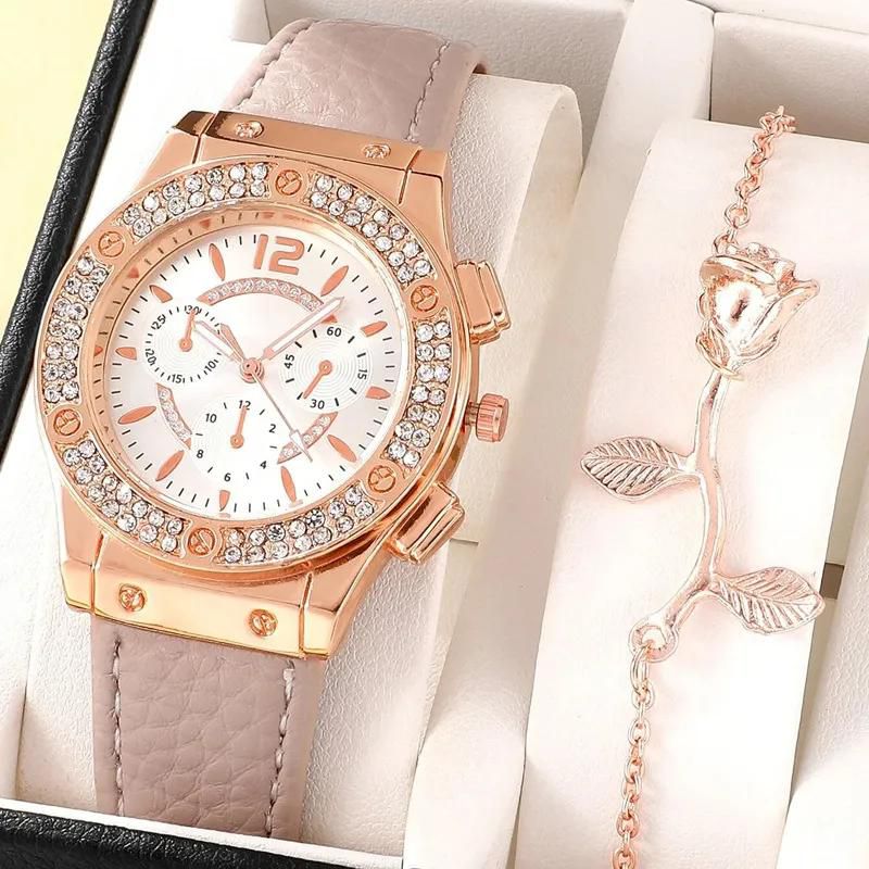 New arrivals Ladies rhinestones watch+Rose gold bracelet （No box）Simple and elegant Women's fashion accessories girls quartz watch with artificial PU leather strap
