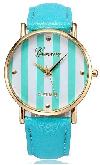 Geneva Leather Watch With Golden Stripped Dial Sky Blue