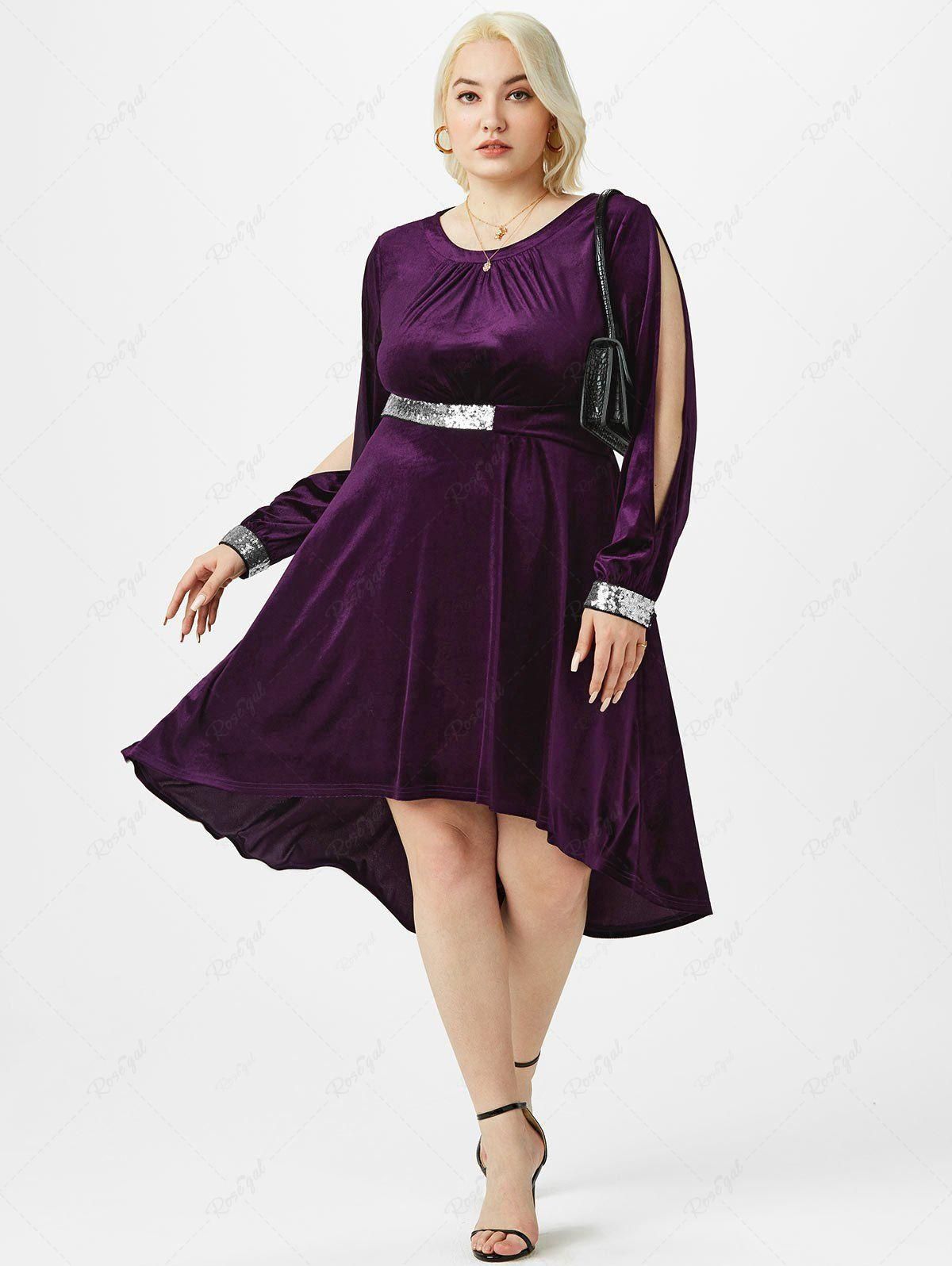 Plus Size&Curve Split Sleeve Sequins Velvet High Low Dress - L | Us 12