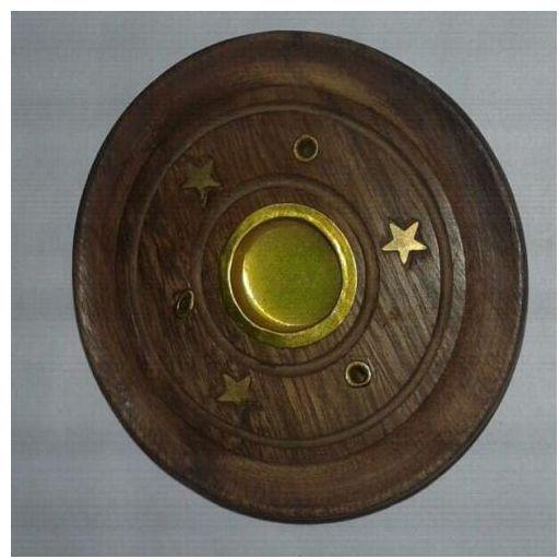 Circular Handmade Wooden Incense Burner - 10 Cm - Brown