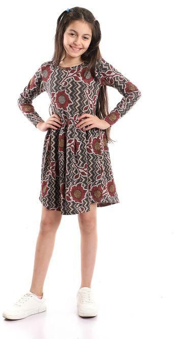 Kady Long Sleeves Girls Floral Patterned Dress - Multicolour Burgundy & Olive