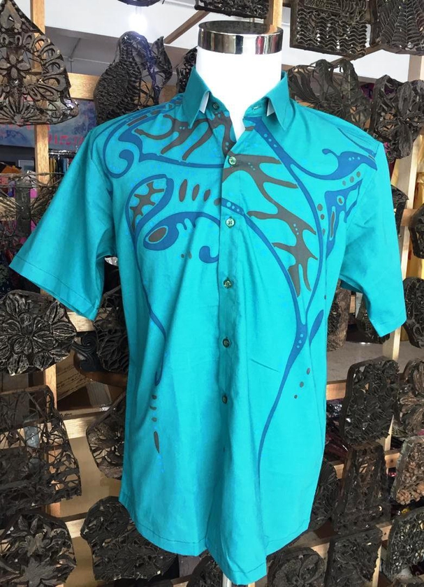 Short Sleeve Batik Men Shirt – Hand Drawn - 100% cotton – Size L (Blue)