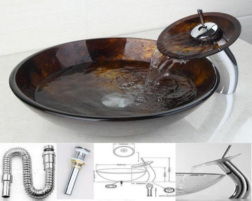 San George Design Glass Wash Basin With Waterfall Mixer + A Pop Up And Drain CBWMC 14015