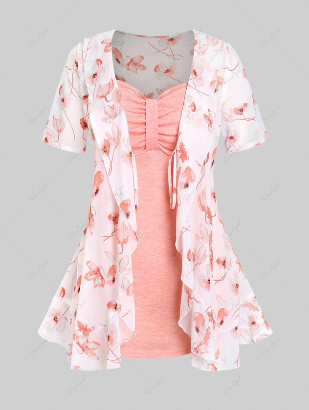 Plus Size & Curve Floral Tie Blouse and Knot Solid Tank Top Set - 4x | Us 26-28