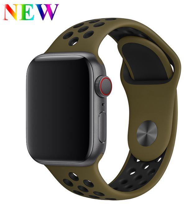 Sport Silicone Strap For Apple Watch Band 4 44mm 40mm Correa Aple 42mm 38mm Iwatch 3 2 1 Band Wrist Bracelet Watch Accessories(#Olive Flak Black)(42-44mm SM) SHA