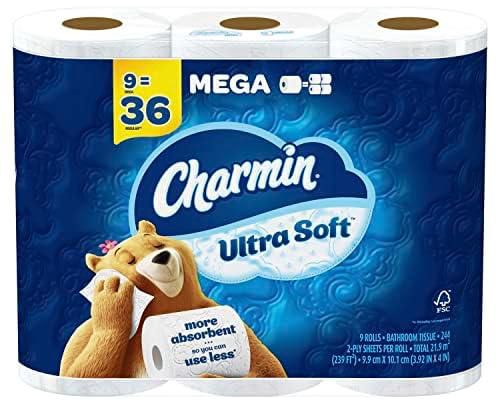 Charmin Ultra Soft Toilet Paper, 9 Mega Rolls = 36 Regular Rolls