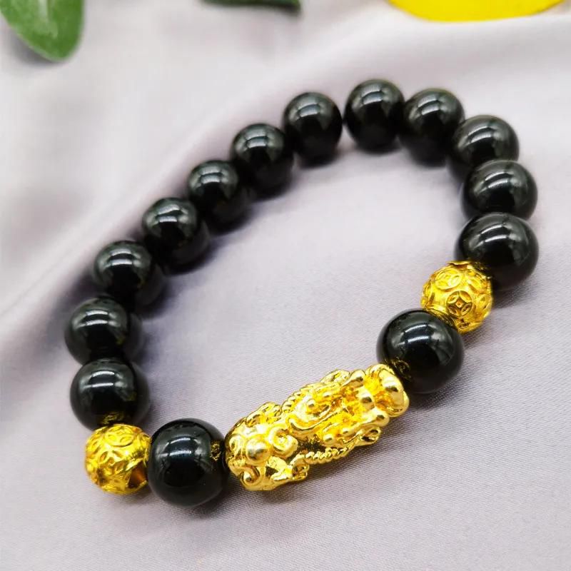 Amazon hit 12MM Lucky elastic transit natural stone bracelet Good Luck Fortune fashion imitation gold wind water skin show obsidian black gem leather Flare Fortune Piyao lucky skin