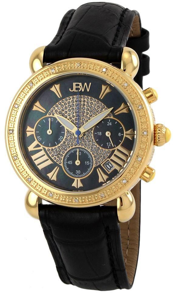JBW Victory Women's 16 Diamonds Black Mother of Pearl Dial Leather Band Watch - JB-6210L-F