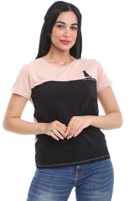 Woman Fashionable Printed T-Shirt - Black / Pink