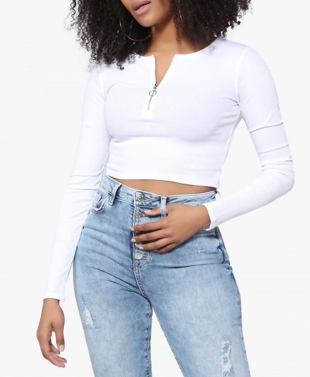 White Ribbed Pull-Ring Crop Top