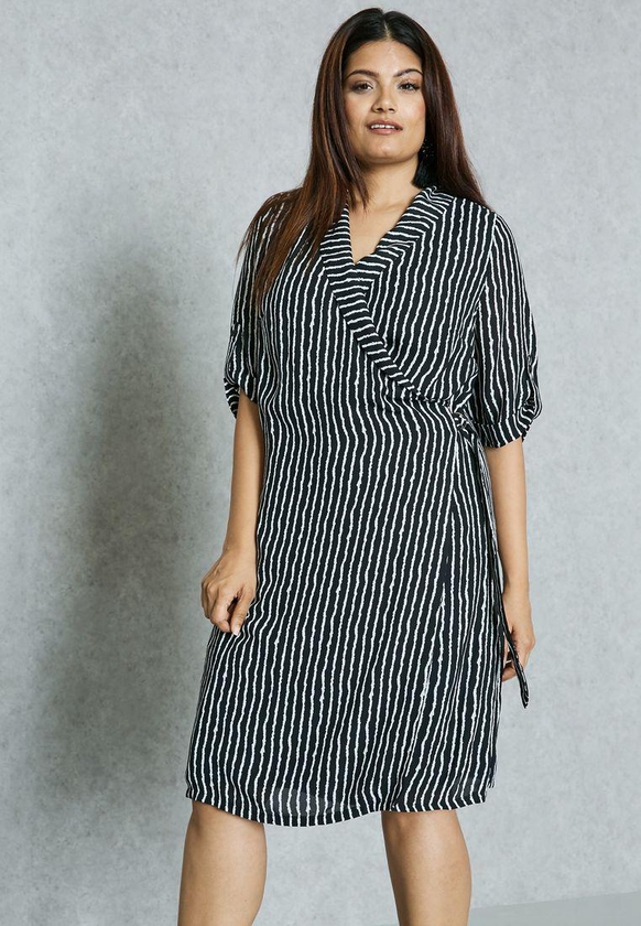 Striped Wrap Front Buckle Dress