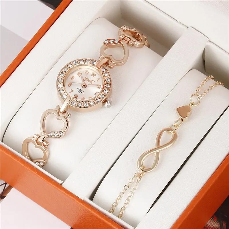 Ladies hollow love quartz bracelet watch +personality trend alloy bracelet set （No box）Women's elegant Jewelry accessories Girls new year's birthday gift